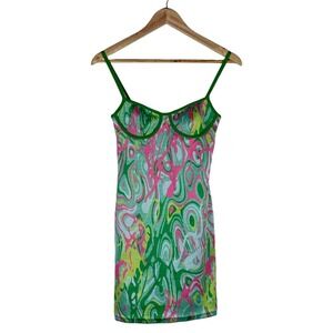 Zara Bustier Psychedelic Swirl Knit Mini Dress Green Pink Abstract Retro Size S